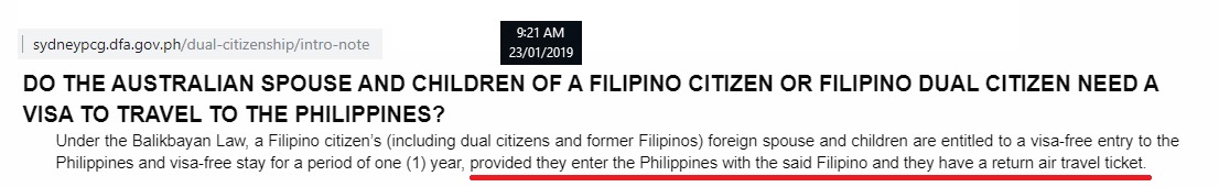 Balikbayan Return Ticket Requirement from Australia