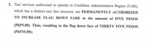 Taxi Fares in Cordillera Administrative Region 2017