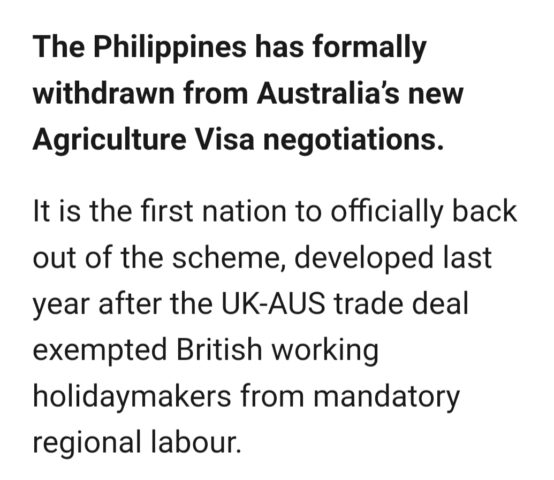 Philippines Withdraws from Australian Agriculture Visa